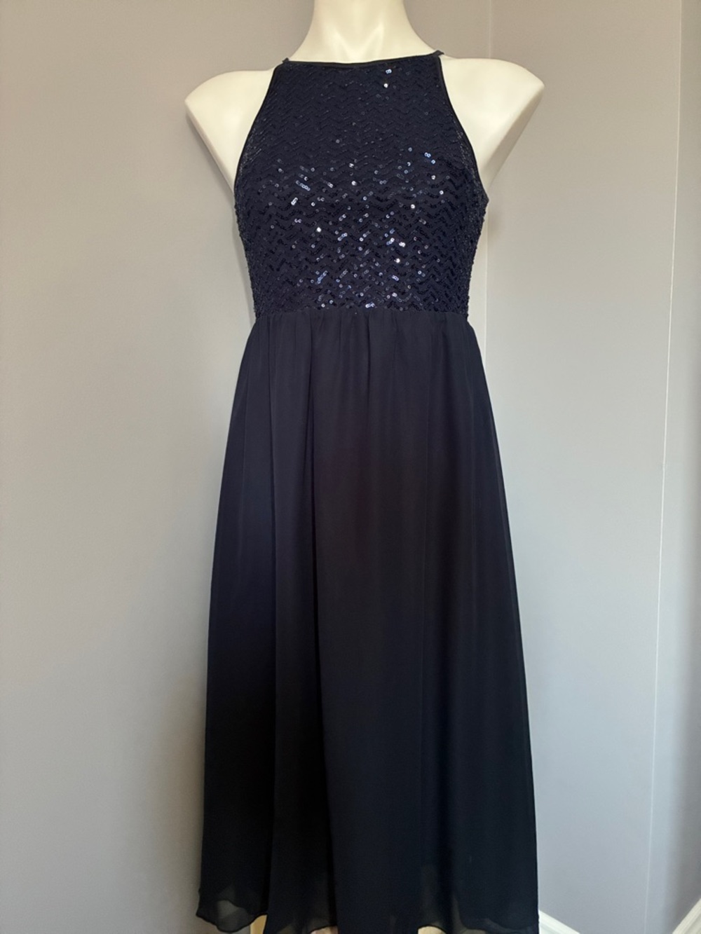 Sequin Bodice Chiffon Maxi Dress, Navy, Halter-Style, Sleeveless